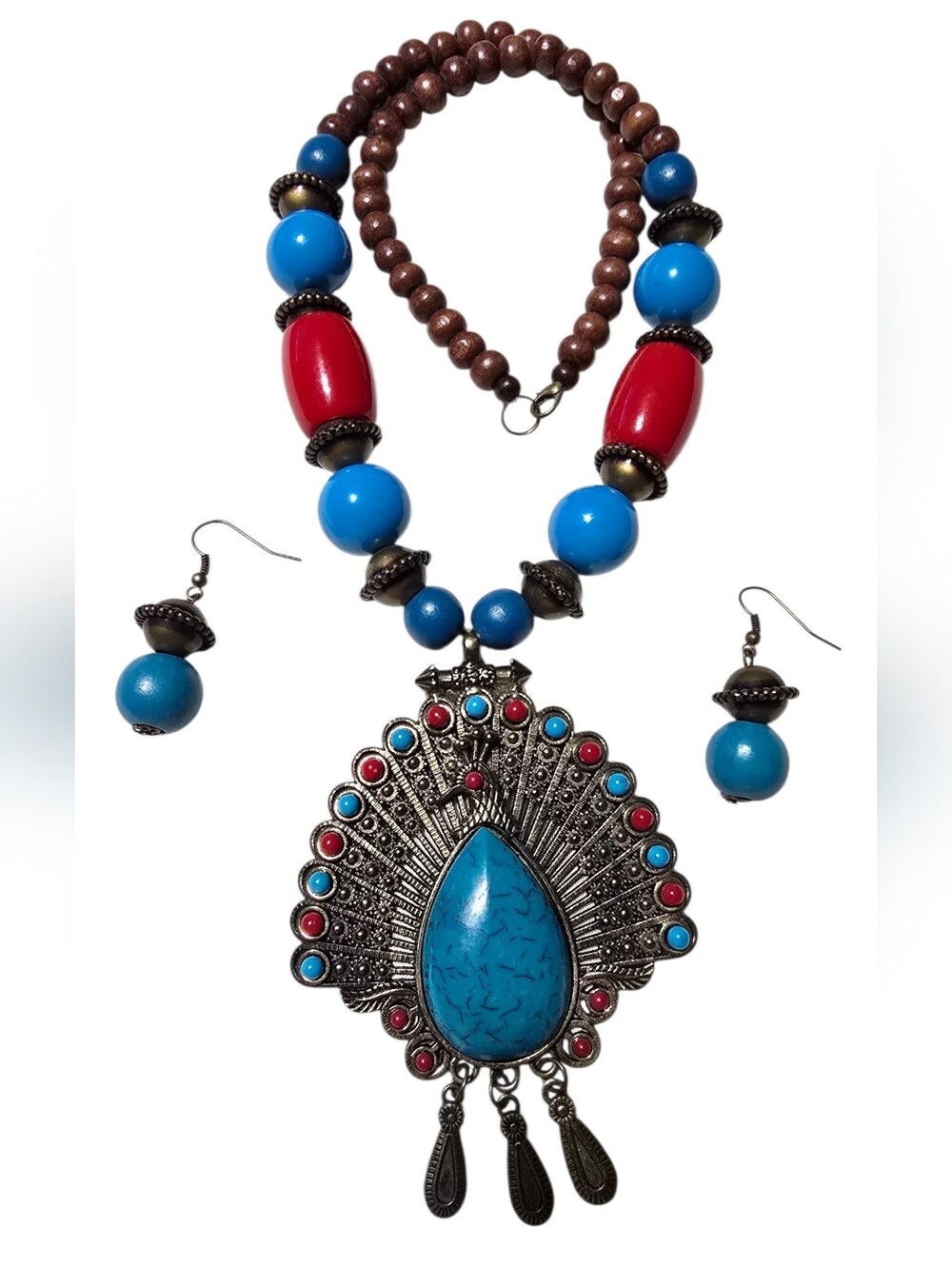 Bohemian Turquoise & Red Beaded Pendant Necklace Set